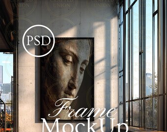 2x3 vertikal mockupram, svart rammockup, galleriväggkonst, modern vinterträdgårdsmockup, Photoshop Smart Object JPG PSD