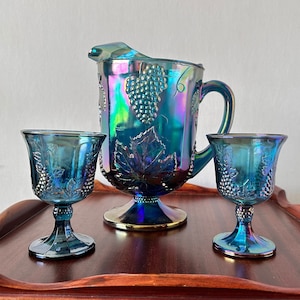 PITCHER plus GLASSES - Blue grape Carnival glass (BG01)