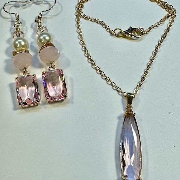 Pendant necklace & earrings: Long pink drop pendant, JJ Strawberry Cream Ice cream mix, Rectangle pink earring dandles, pearls, hypoallerg