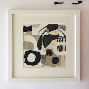Collage originale, arte in bianco e nero, astratto, arte murale contemporanea, arte di markmaking, texture, arredamento minimale, arte murale unica, arte su carta, quadrato
