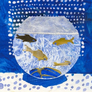 Original Collage 55, Coastal,Fish,Gold,Square Art, Dots,Polka Dots, Blue,Textured Art,Sea,Water,Bold,Colourful Painting,Contemporary Art image 4