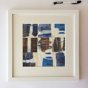 Collage originale,Piccola arte quadrata,Blu,Costa,Pittura acrilica,Piccolo originale,Arte astratta,Audace,Luminoso,Arte su carta,Regalo per lei,Arte francese
