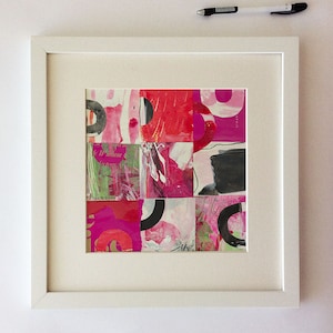 Collage originale n. 6, luminoso, colorato, astratto, moderno, contemporaneo, wall art, rosso, rosa, bianco e nero, fatto a mano, strutturato, quadrato, carta,
