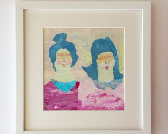 Original Collage #76, Besties,best friends,girls,hair-do,blue,pink,dress,bold,bright,portrait,contemporary,square,recycled,vintage paper,art