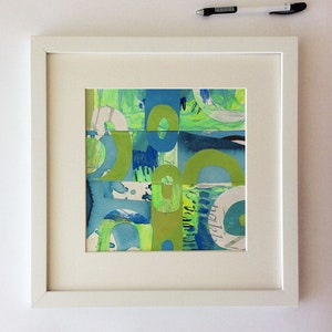 Collage originale n. 2, Fatto a mano, Wall Art, Carte diverse, Vernice, Inchiostro, Verde, Blu, Turchese, Luminoso, Moderno, Contemporaneo, Audace, Vintage