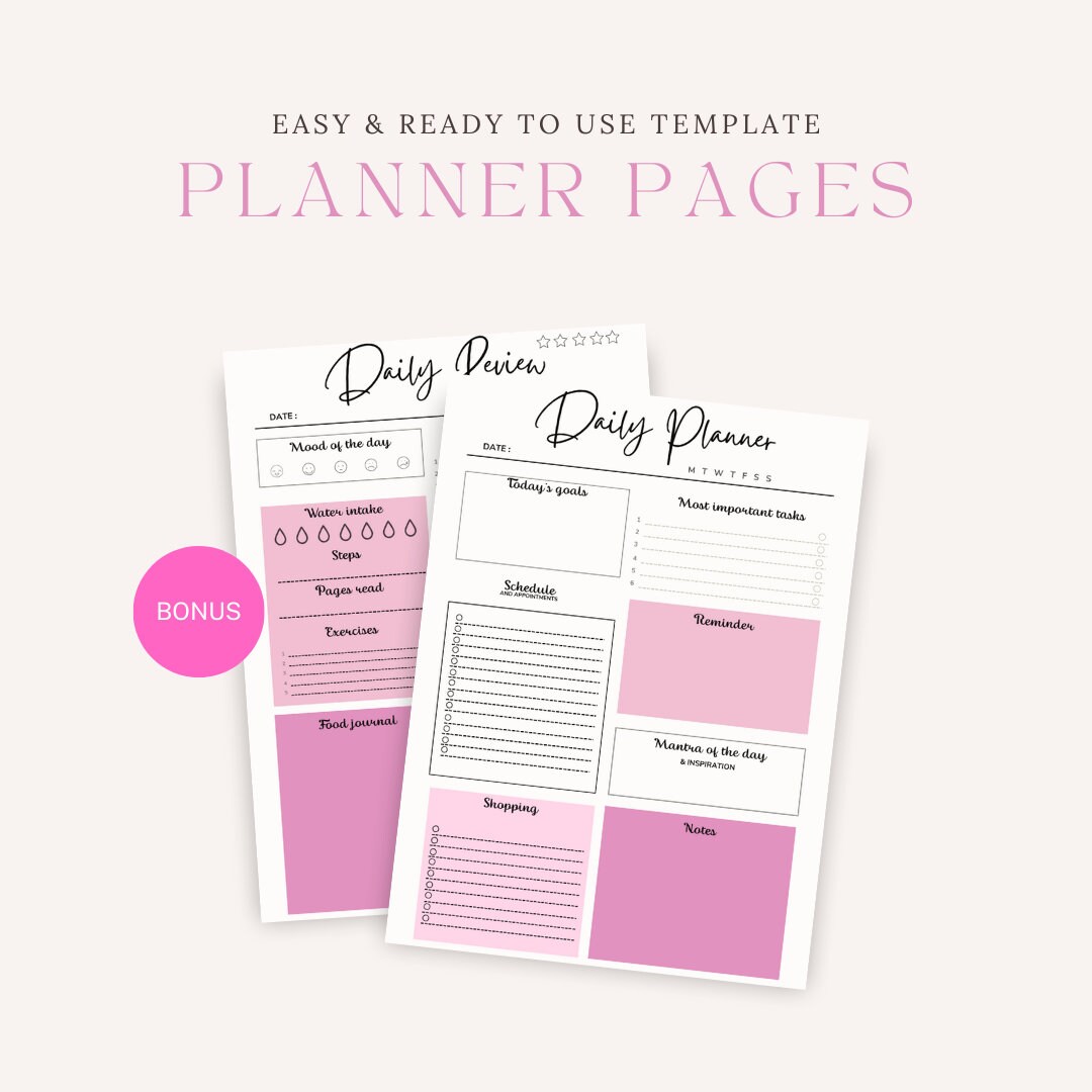 Pink Daily Planner Printable Bonus Daily Review Etsy