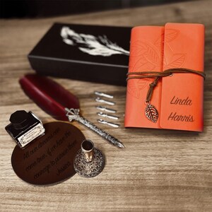 Personalized Calligraphy Pen Gift Set: Vintage Feather Quill & Custom Journal