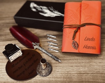Personalized Calligraphy Pen Gift Set - Vintage Feather Quill & Custom Journal