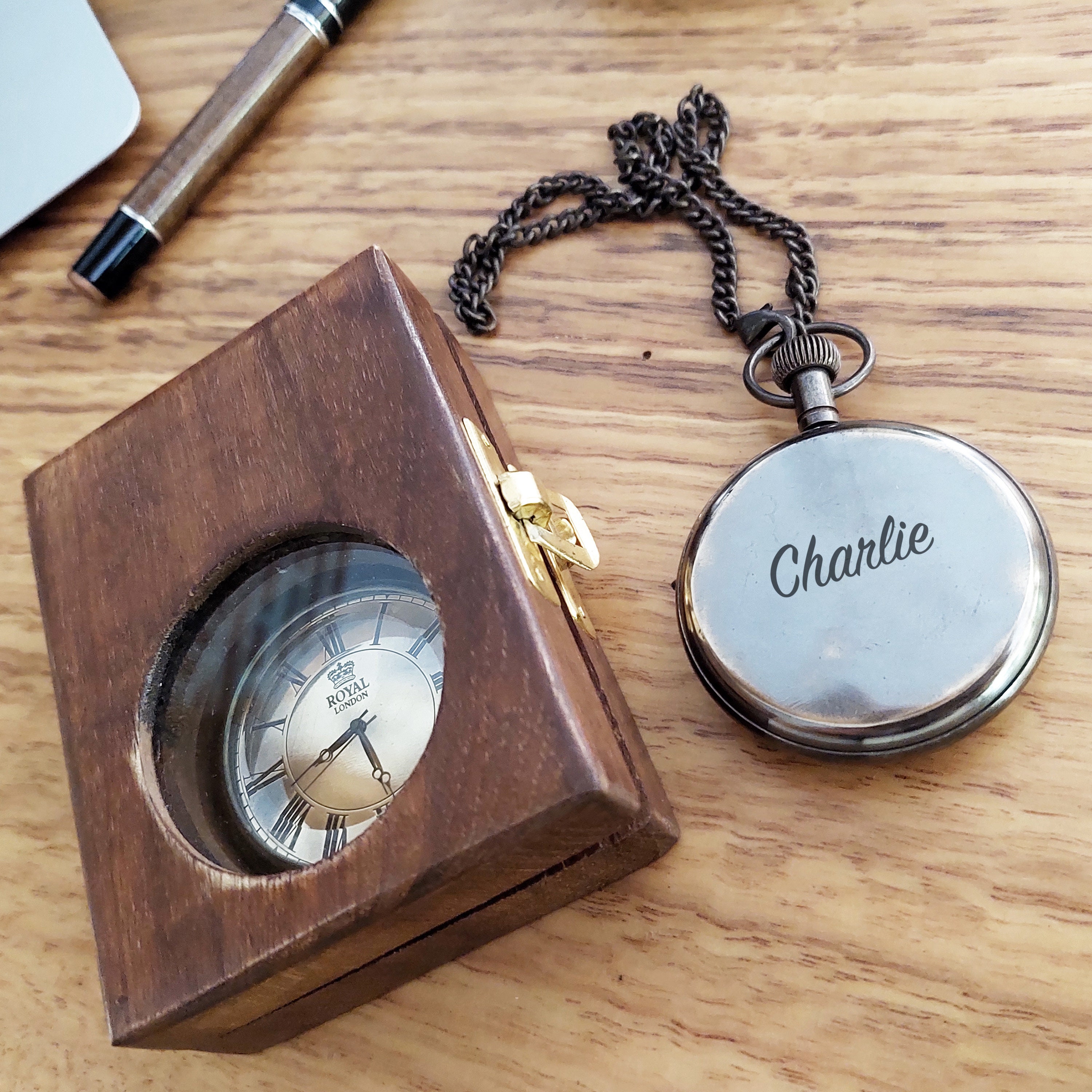 Engraved Pocket Watch with Wooden Box