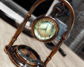 Orologio da scrivania personalizzato in ottone anticato con bussola - Decorazione per ufficio incisa