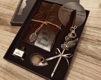 Engraved Calligraphy Pen Set / Custom Journal & Coaster, Feather Quill Gift