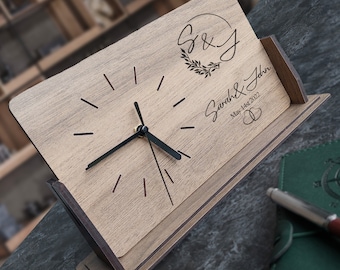 PERSONALIZED ANNIVERSARY DESK Clock / Wooden Engraved Monogram Custom Wedding Gift