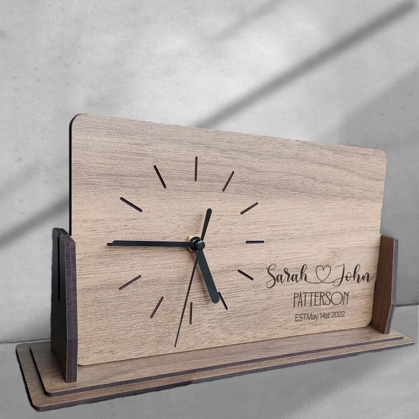 PERSONALISED COUPLES GIFT, Engraved Photo Desk Clock, Wooden Desk Clock, Engraved Small Clock, Table Clock, Custom Gift For Couple