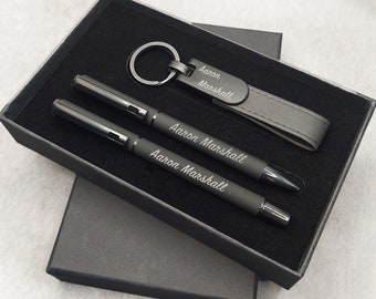 Set de regalo de bolígrafo personalizado / Bolígrafo, bolígrafo rollerball y llavero grabados