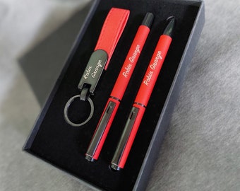 Personalisiertes graviertes Stift-Set Kugelschreiber + Tintenroller + Schlüsselanhänger + Stift-Geschenkbox