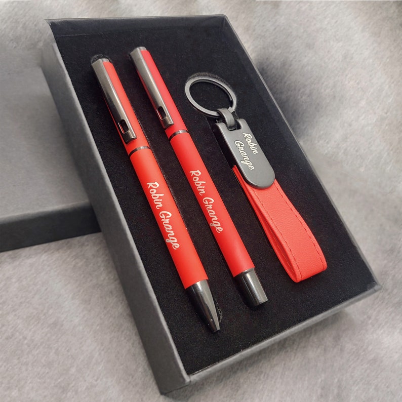 Personalised Pen Steel Ballpoint pen Rollerball pen Key chain Pen Gift Box, Laser engraving, Birthday, Wedding, Leaving Thank You Gift RED