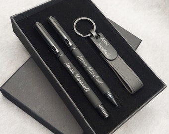 Personalised Pen Steel Ballpoint pen + Rollerball pen + Key chain + Pen Gift Box, Laser engraving, Birthday, Wedding, Leaving Thank You Gift