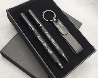 Set de regalo de bolígrafo personalizado: bolígrafo de acero, bolígrafo rollerball y llavero