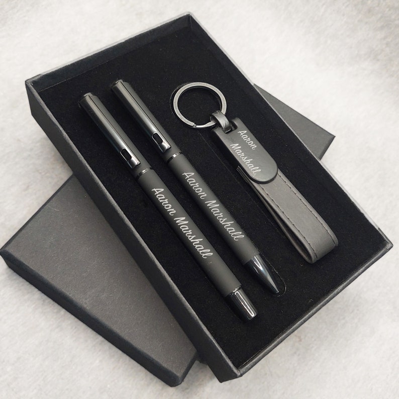 Personalised Pen Steel Ballpoint pen Rollerball pen Key chain Pen Gift Box, Laser engraving, Birthday, Wedding, Leaving Thank You Gift BLACK