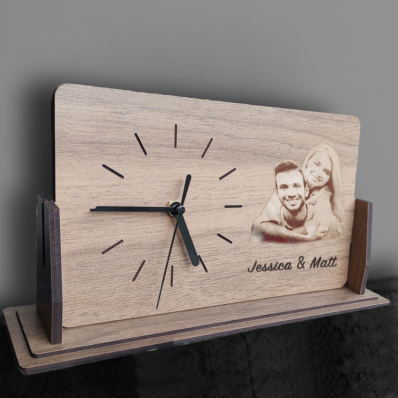 WOODEN PHOTO CLOCK, Engraved Family Photo Desk Clock, Wooden Desk Clock, Engraved Small Clock
