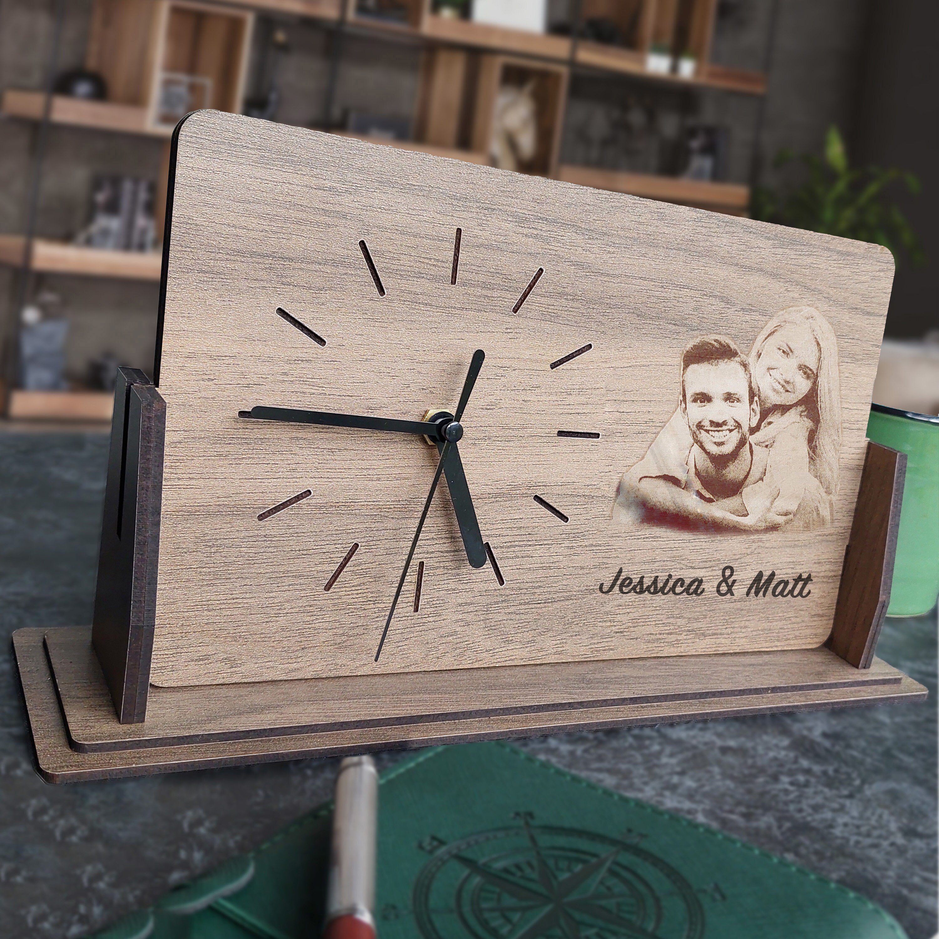 WOODEN PHOTO CLOCK, Engraved Family Photo Desk Clock, Wooden Desk Clock