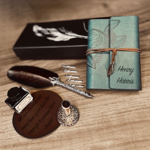 Set di calligrafia personalizzato, set regalo per anniversario, scatola regalo per penna per calligrafia antica, base per pennino, diario, scatola regalo per penna a piuma