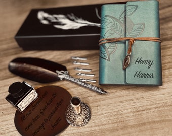 Personalized Calligraphy Gift Set: Vintage Quill Pen, Journal & Ink