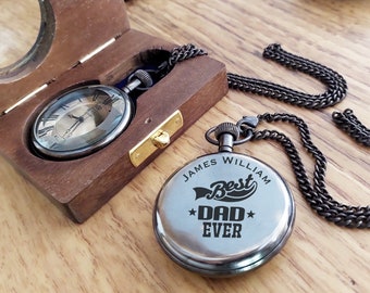 Reloj de bolsillo personalizado en caja de madera - El mejor papá del mundo - Escritura a mano - Set de regalo de aniversario para esposo
