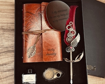 Set de regalo de caligrafía personalizada / Pluma estilográfica, cuaderno personalizado y posavasos