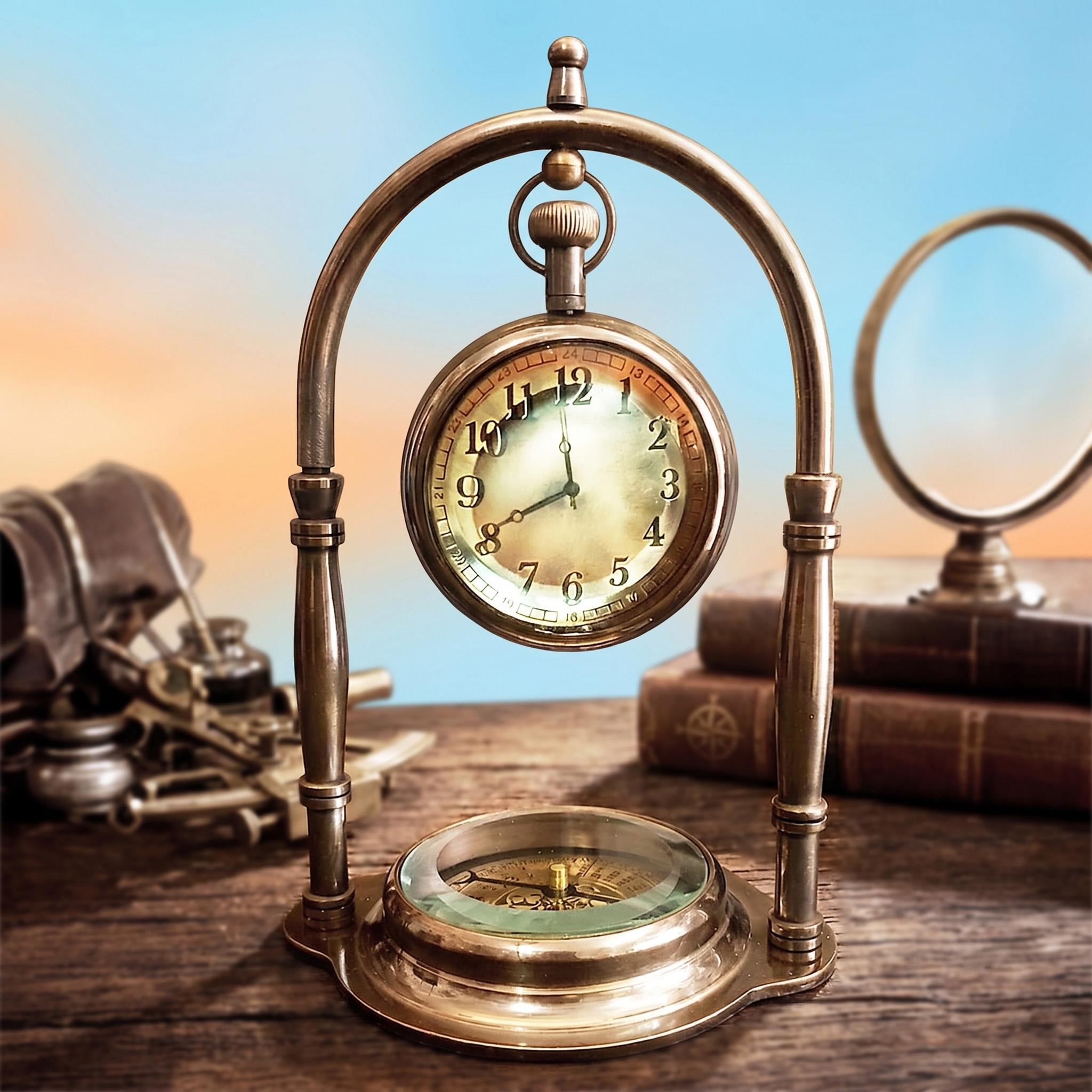 Personalized Antique Brass Desk Clock Compass - Engraved Office Decor