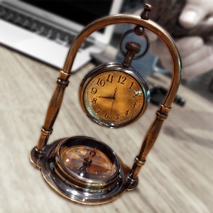 Engraved Antique Desk Clock and Compass, Desk Clock Compass with Hanging Watch, Office Decor, Anniversary Gift Set, Father's Day Gift Set