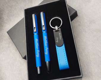 Set de regalo de bolígrafo personalizado / Bolígrafo, bolígrafo rollerball y llavero grabados