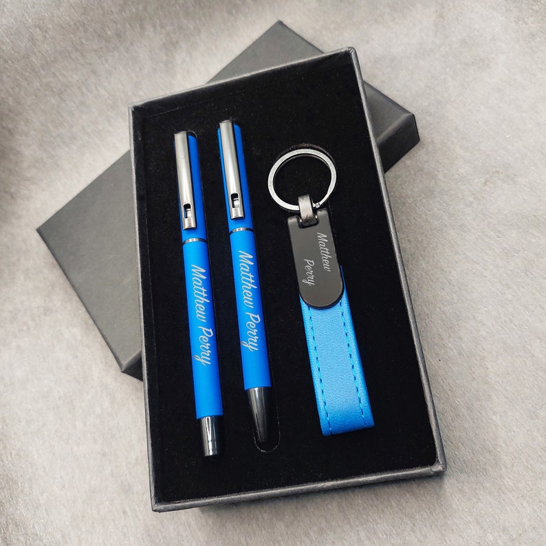 Personalised Pen Steel Ballpoint pen Rollerball pen Key chain Pen Gift Box, Laser engraving, Birthday, Wedding, Leaving Thank You Gift BLUE