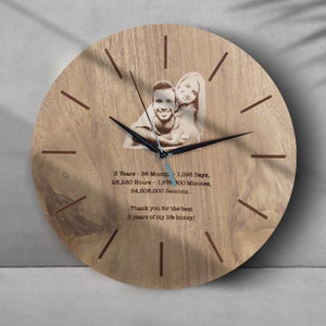 PHOTO Wooden Wall Clock, Engraved Photo Customized Wall Clock, Your Family Photo on Wall Clock, Anniversary Gift