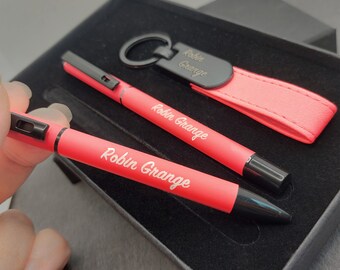 Set de regalo de bolígrafo personalizado: bolígrafo de acero, bolígrafo rollerball y llavero
