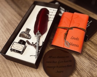 Juego de bolígrafos personalizados: diario de cuero vegano, regalo de caligrafía personalizado