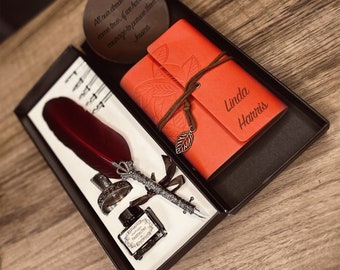 Personalized Calligraphy Set - Vintage Feather Quill Pen, Custom Journal & Coaster