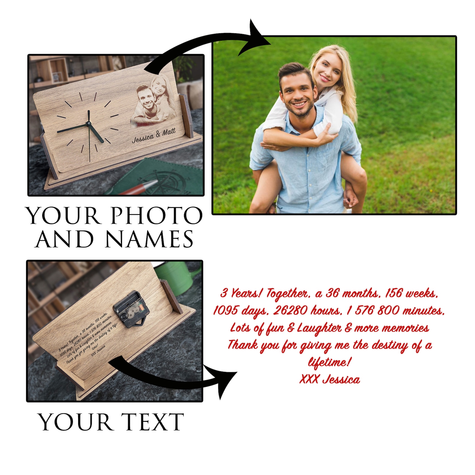 WOODEN PHOTO CLOCK, Engraved Family Photo Desk Clock, Wooden Desk Clock