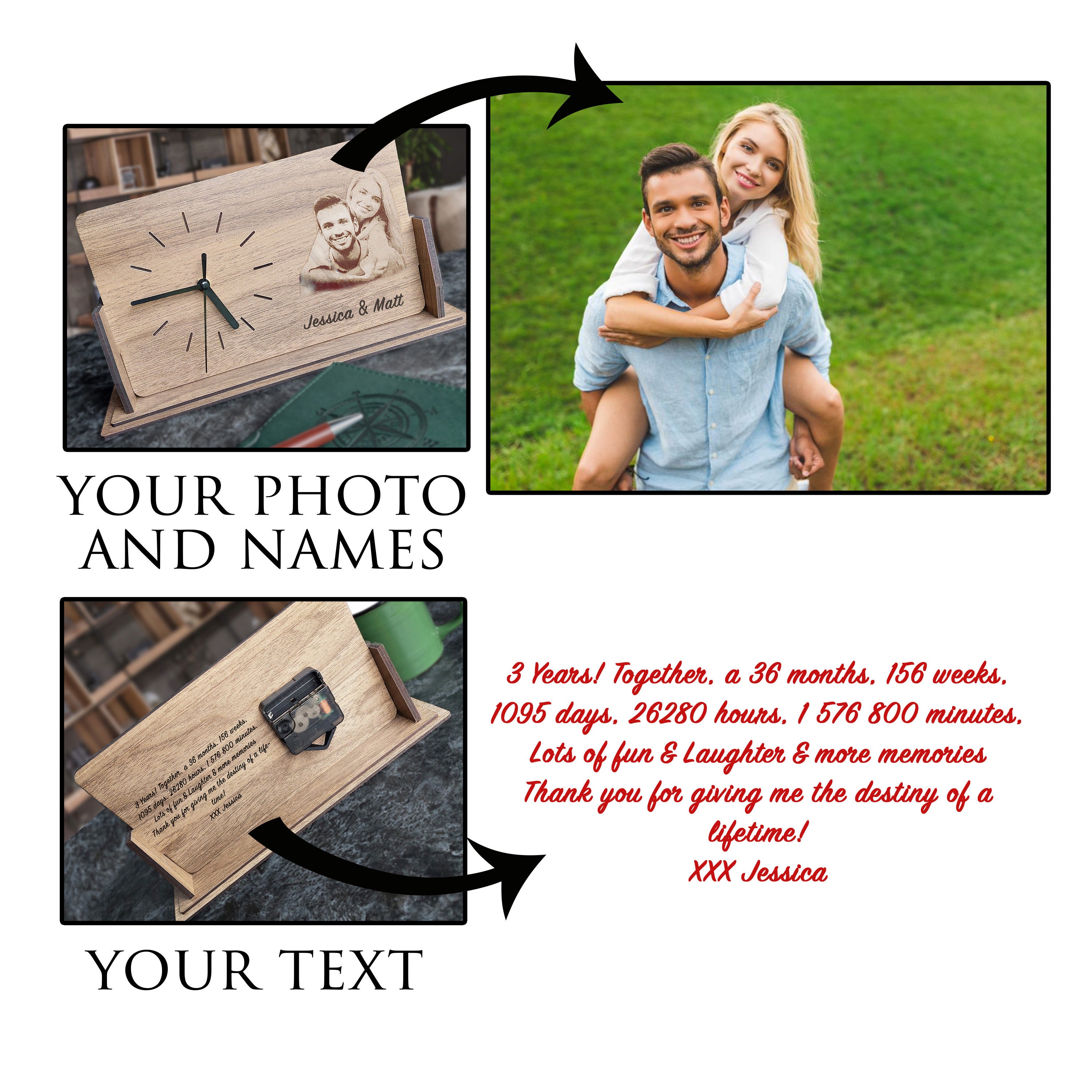 WOODEN PHOTO CLOCK, Engraved Family Photo Desk Clock, Wooden Desk Clock