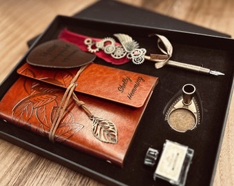 Engraved Calligraphy Set / Quill Pen, Custom Journal & Coaster / Gift for Her, Him