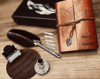 Personalized Calligraphy Set - Vintage Quill Pen, Journal & Coaster Gift