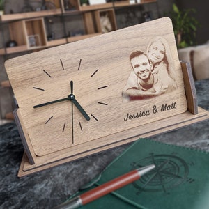 ENGRAVED PHOTO CLOCK - Engraved Photo Desk Clock Gift - Photo Desk Clock - Wooden Desk Clock - Custom Gift For Anniversary