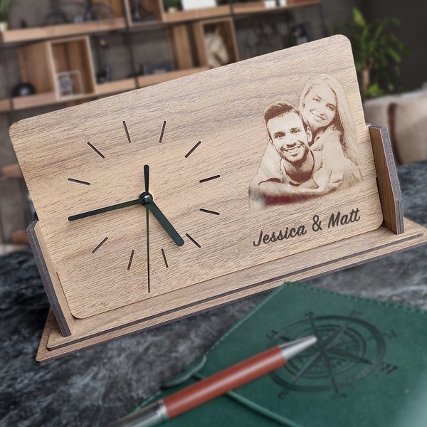 ENGRAVED PHOTO CLOCK, Engraved Photo Desk Clock Gift, Photo Desk Clock, Wooden Desk Clock, Engraved Small Clock, Gift For Anniversary