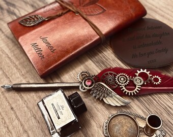 Engraved Calligraphy Set - Quill Pen, Custom Journal & Coaster
