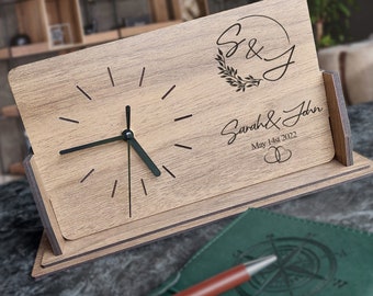 PERSONALIZED WEDDING GIFT, Engraved Wedding Photo Desk Clock, Wooden Desk Clock, Engraved Small Clock, Engagement Gift