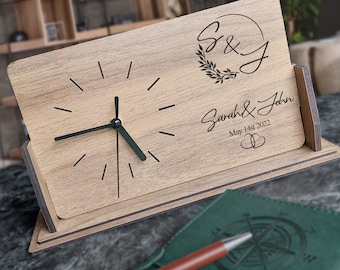 PERSONALIZED WEDDING GIFT / Custom Wooden Desk Clock / Engraved Gift for Couple