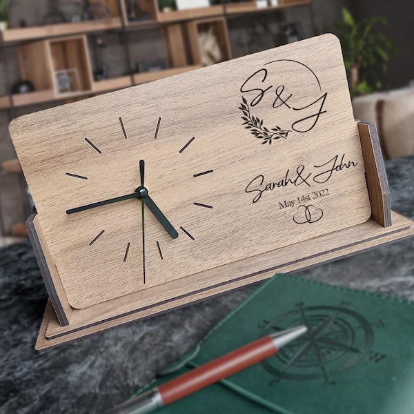 PERSONALIZED WEDDING GIFT, Engraved Wedding Photo Desk Clock, Wooden Desk Clock, Engraved Small Clock, Engagement Gift
