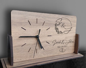 PERSONALIZED Couple GIFT, Engraved Wedding Photo Desk Clock, Wooden Desk Clock, Engraved Small Clock, Gift for Home