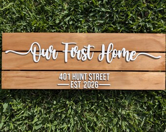 Our First Home Address Sign | Personalized Farmhouse Wooden Wall Decor