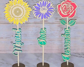 Personalized Wooden Flower with Custom Name and standing base